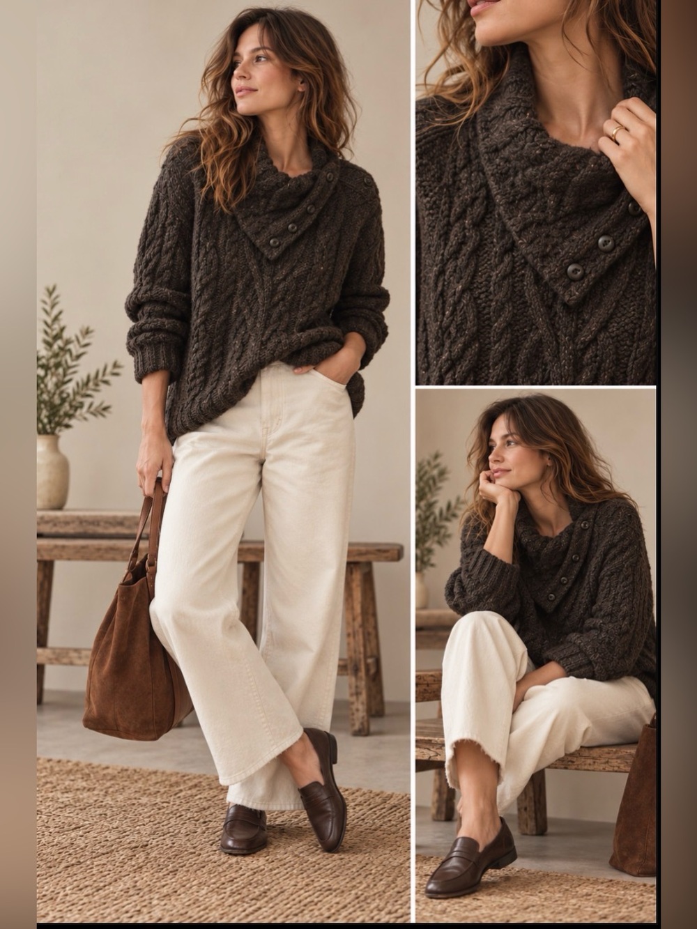 Cozy Cable-Knit Button Collar Sweater - Dark Brown